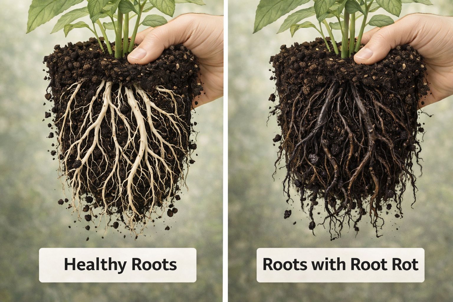 건강한 뿌리와 뿌리썩음병에 걸린 뿌리의 비교 사진