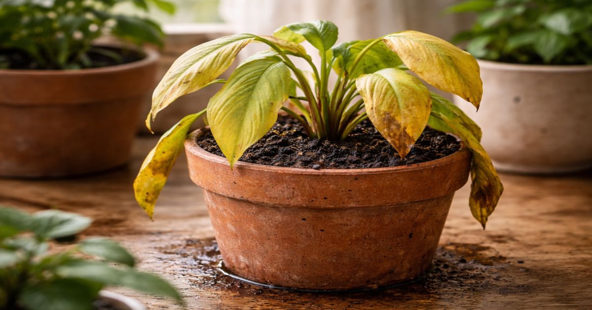 흙이 젖어 있지만 시들어가는 식물과 뿌리썩음병의 증상 이미지