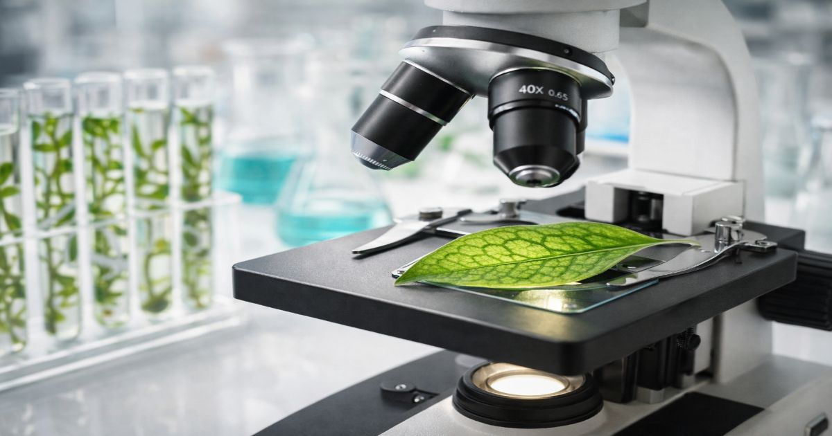 현미경으로 식물 잎 세포와 병원체를 관찰하는 모습