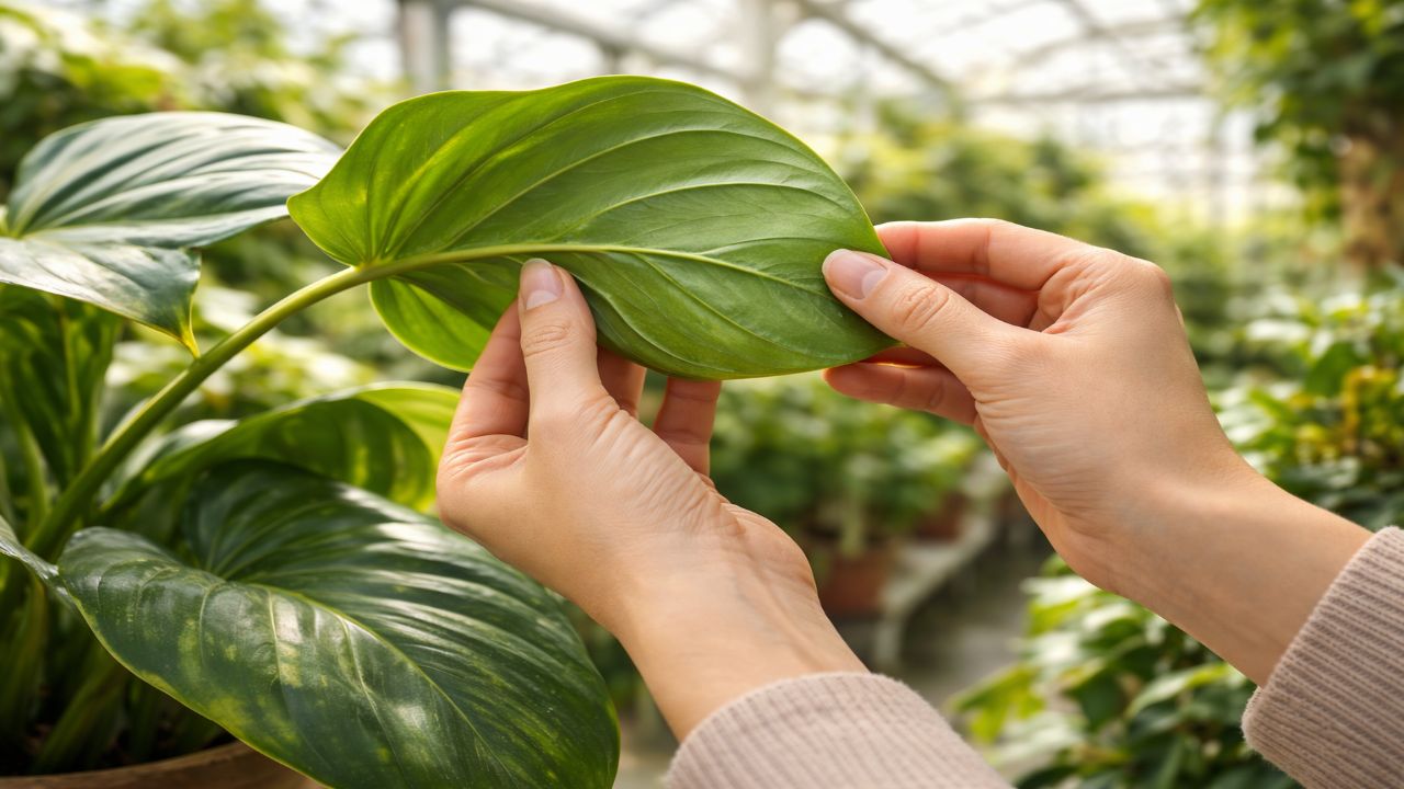 화원에서 초보자 식물 고르는 법을 적용해 잎의 뒷면을 꼼꼼히 살피는 모습