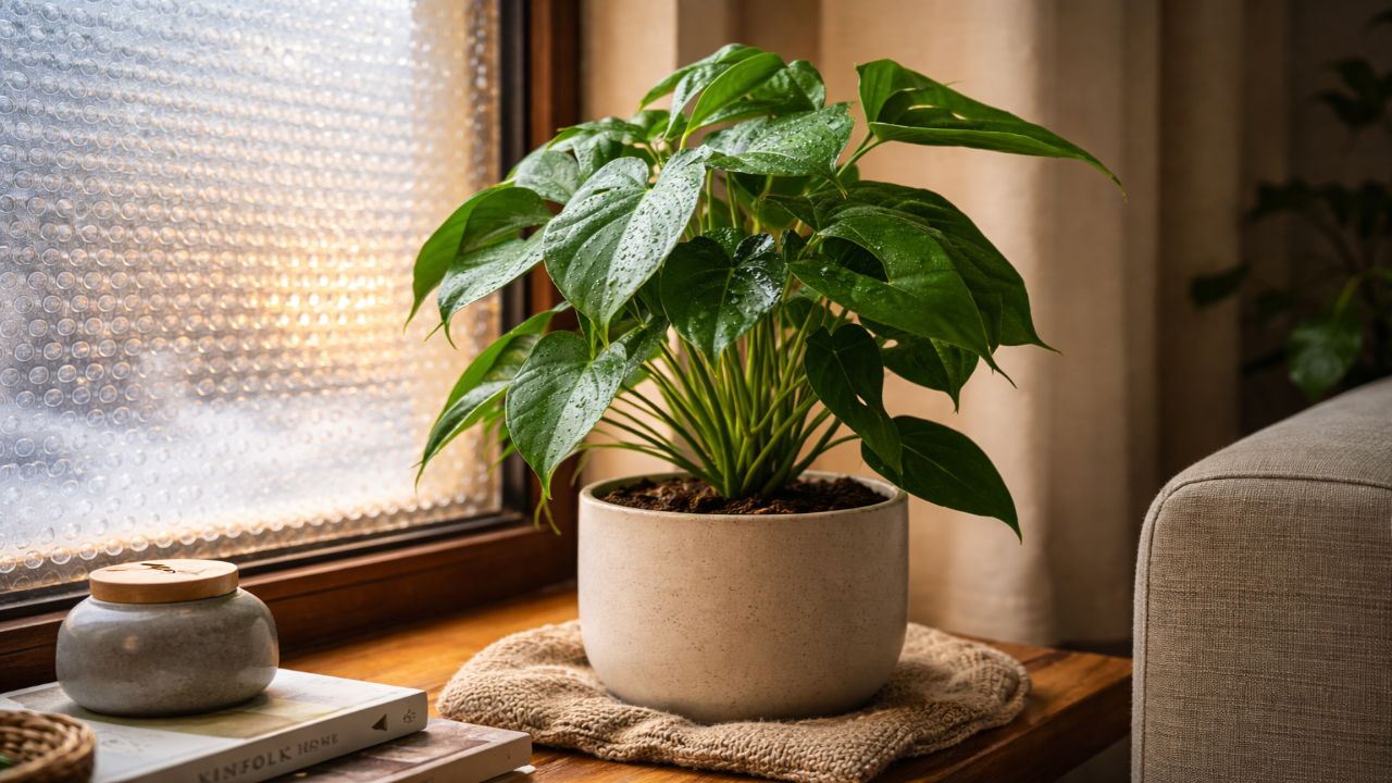 실내 창가에서 냉해를 예방하기 위해 방풍 처리된 화분들