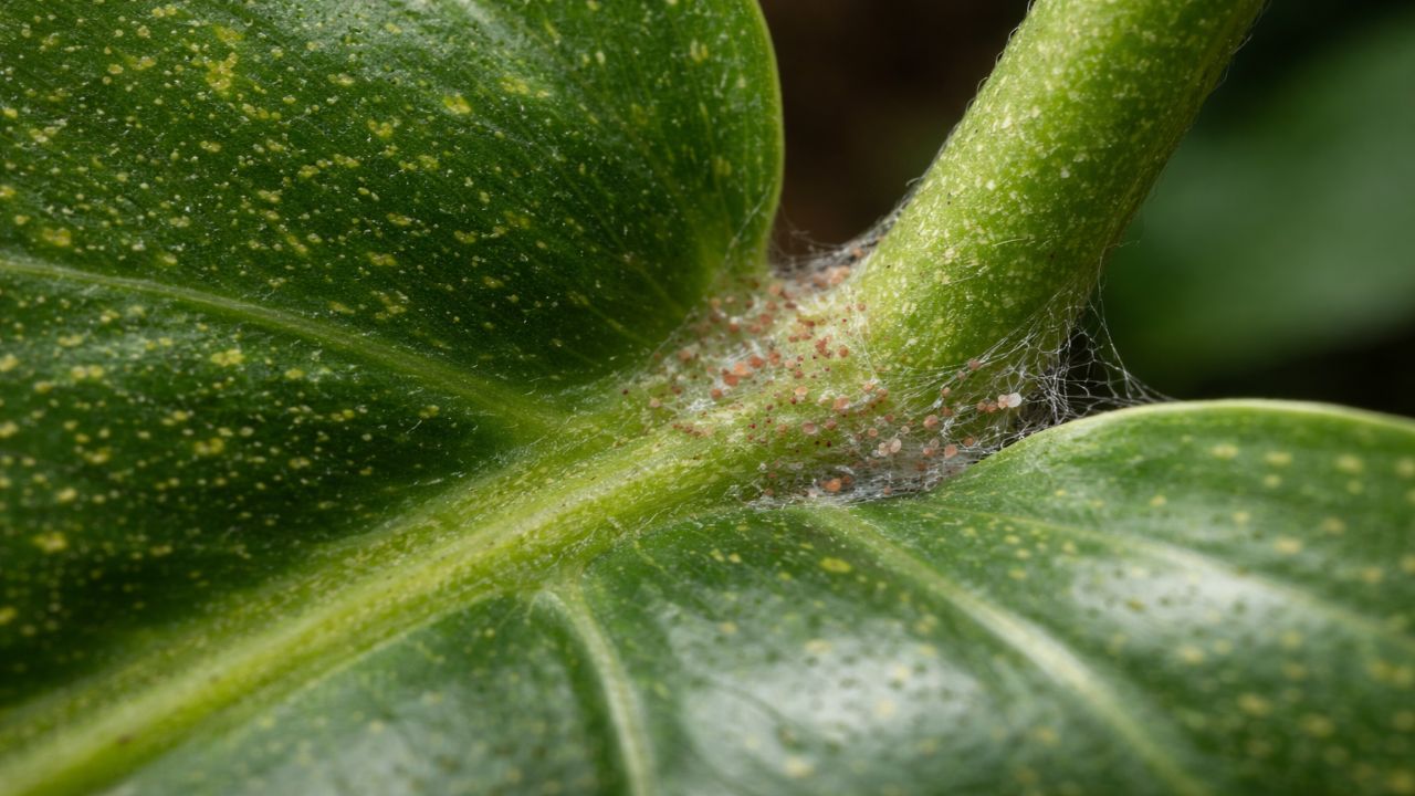 spider-mite-damage-symptoms 점박이응애 피해 증상인 노란 반점과 거미줄