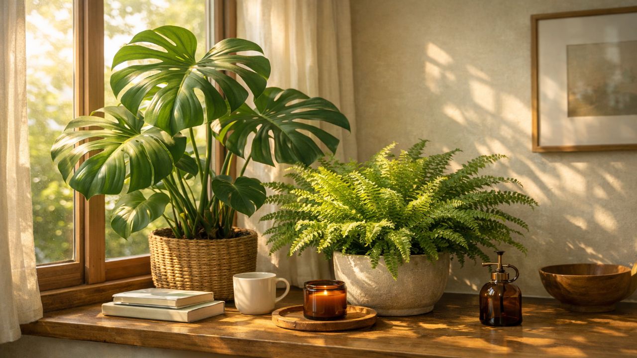 부드러운 아침 햇살을 즐기는 창문 방향별 식물인 몬스테라와 고사리류