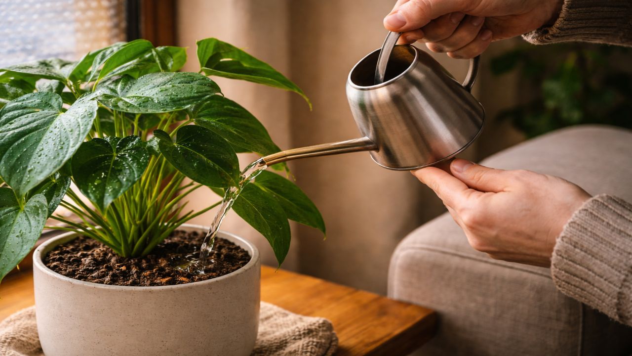 겨울철 미지근한 물로 실내 식물에 물주기 하는 모습