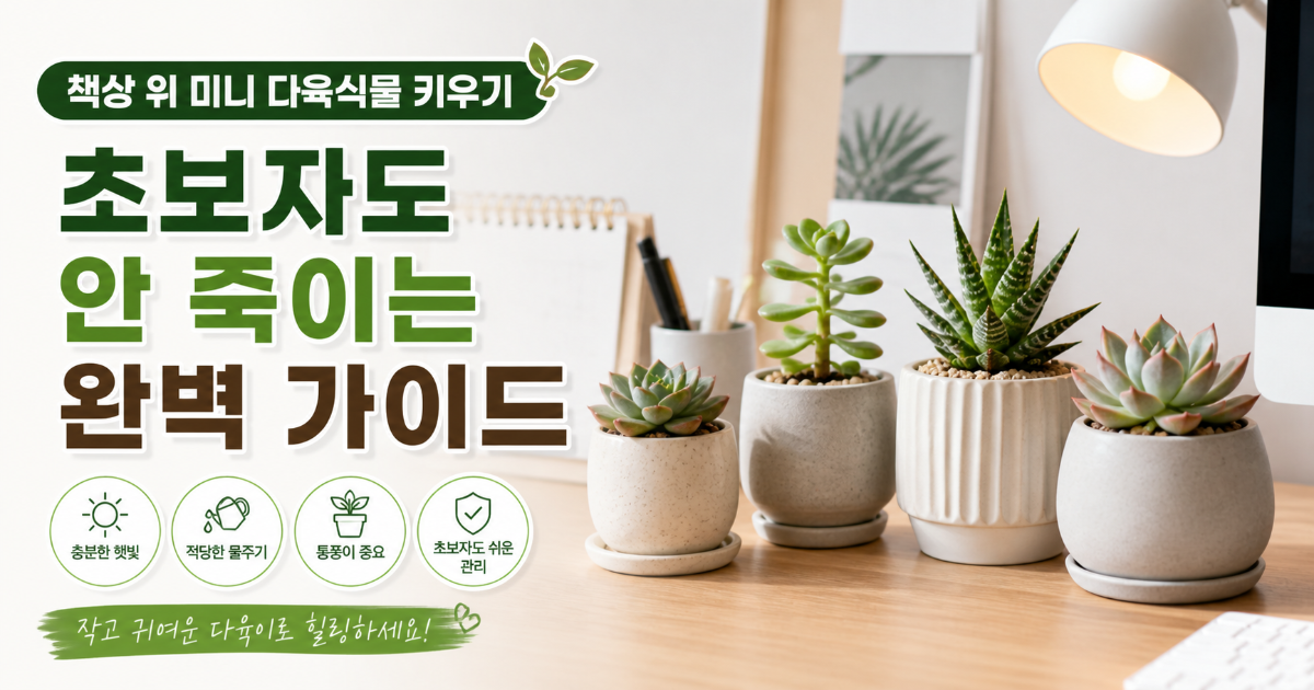 상 위 미니 다육식물 키우기 환경을 점검하는 모습
