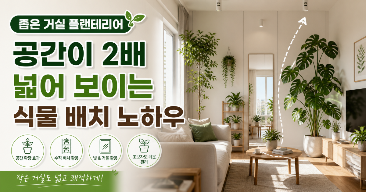 좁은 거실 플랜테리어를 위해 수직 공간을 활용하여 높낮이가 다른 화분 스탠드를 배치한 모습