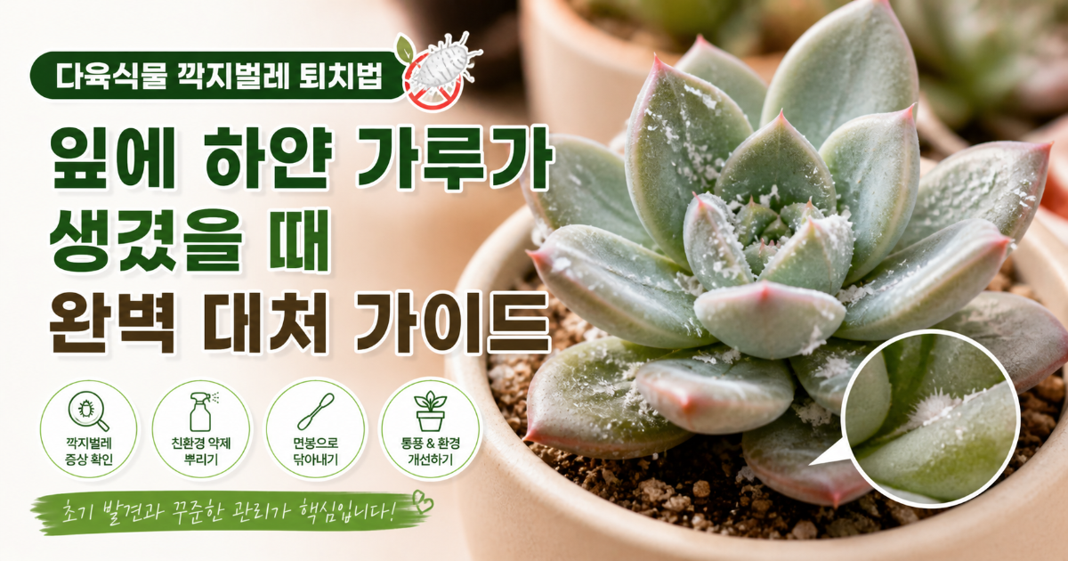 다육식물 깍지벌레 퇴치법을 적용하기 전 잎 사이에 낀 하얀 가루 솜뭉치 모습