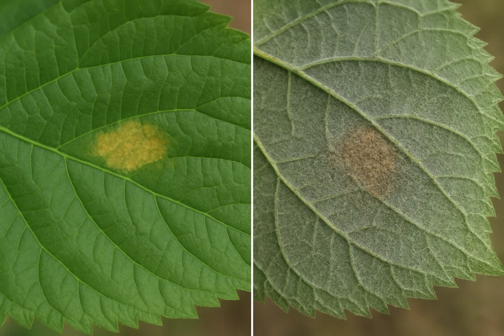 깻잎 노균병 초기 증상으로 보이는 황색 반점과 잎 뒷면 회색 포자층