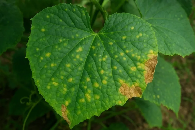 오이 노균병으로 각진 노란 반점이 생긴 오이 잎